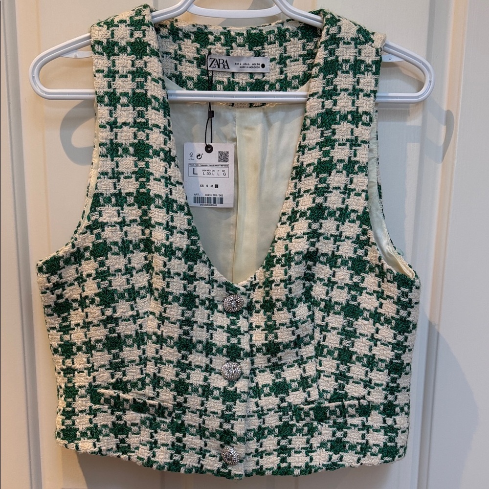 NWT Zara sz L tweed check green ivory vest w jewel buttons